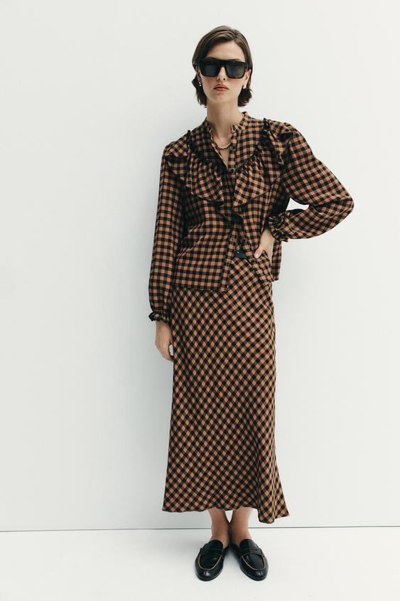 RUFFLED SHIRT AND CHECK MIDI SKIRT SET - Purple by Zara - Image 0