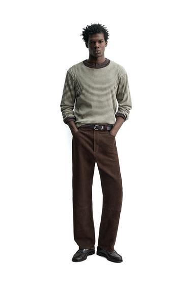 STRAIGHT-LEG SUEDE LEATHER TROUSERS - Dark brown by Zara
