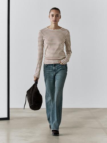 T-shirt à rayures 100 % coton - Beige chiné de Zara - Image 0