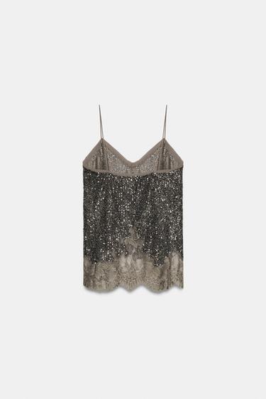 TOP À BRETELLES PAILLETTES ZW COLLECTION - Argent foncé de Zara - Image 7