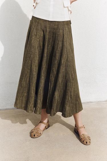 ZW COLLECTION 100% LINEN MIDI SKIRT - Green by Zara