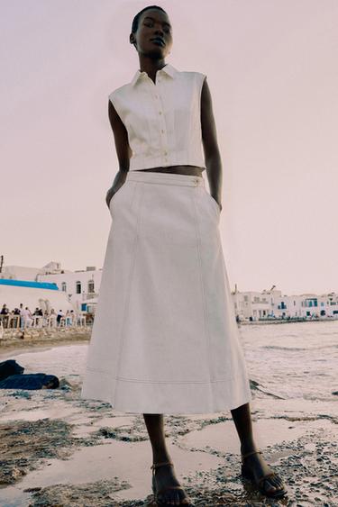 LINEN BLEND TOP WITH TOPSTITCHING - White by Zara - Image 0