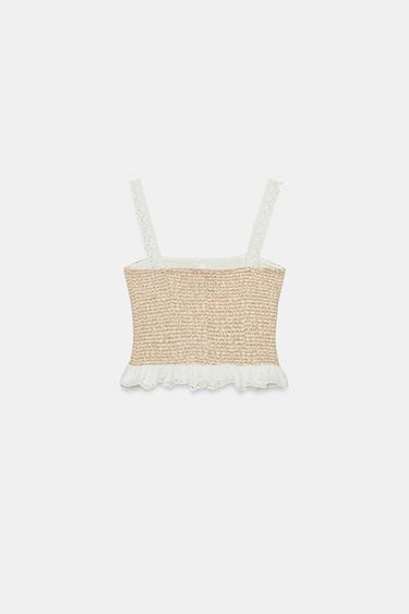 COMBINED TEXTURED TOP - Ecru / Brown by Zara