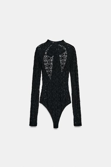Zara SATIN BOW LACE BODYSUIT - Black