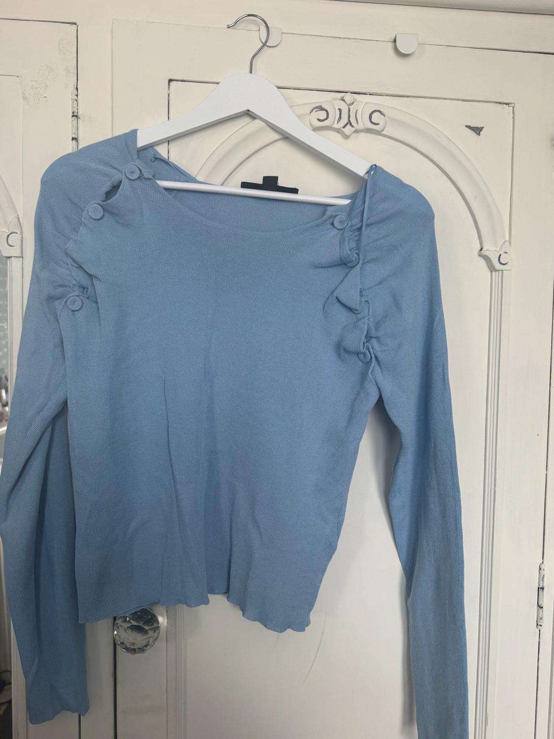 Light blue long-sleeved jumper with buttons and gathers on the shoulders, hanging on a white hanger over a white wooden wardrobe.