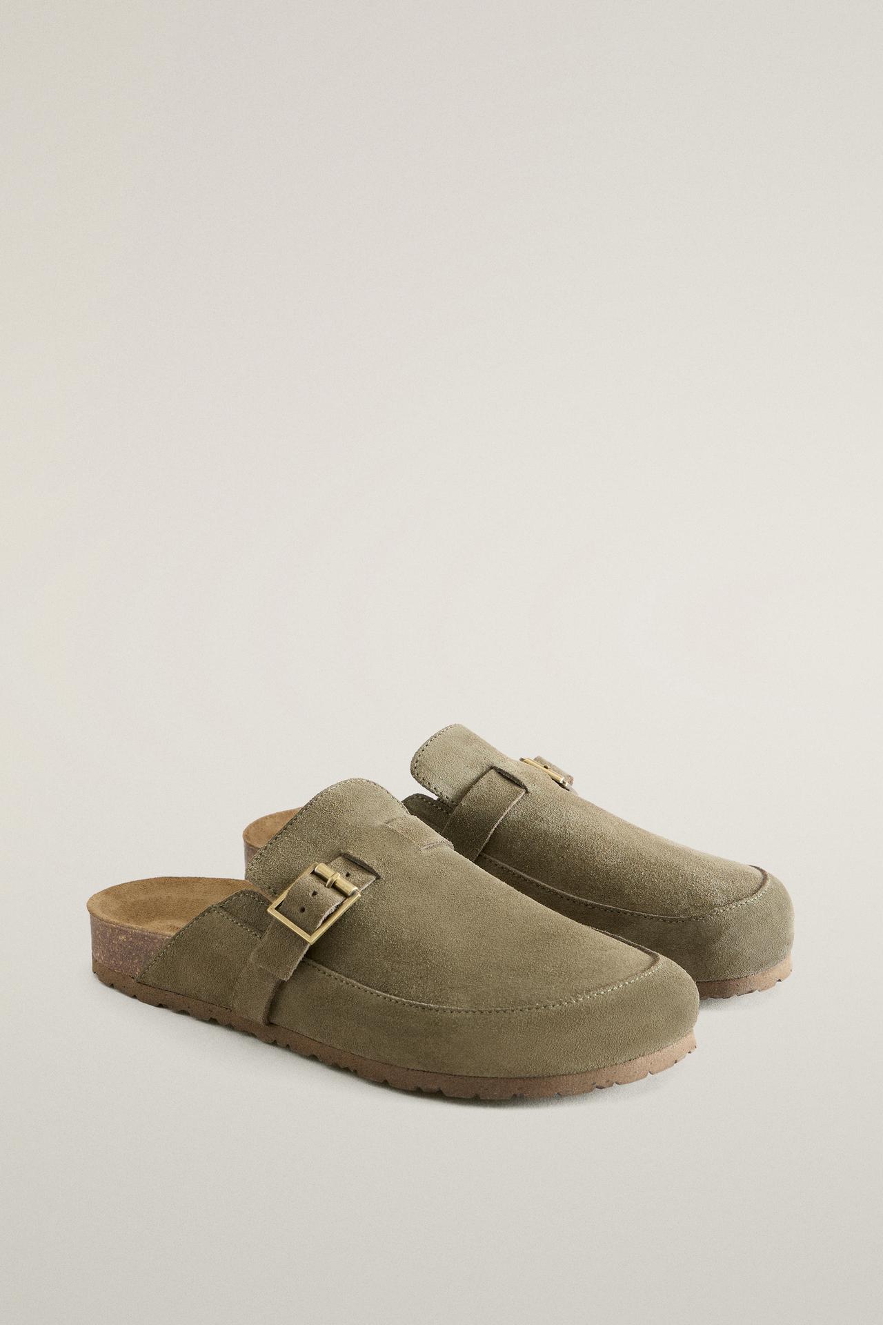 LEATHER MULE CLOG SLIPPERS WITH BUCKLE — Khaki Green