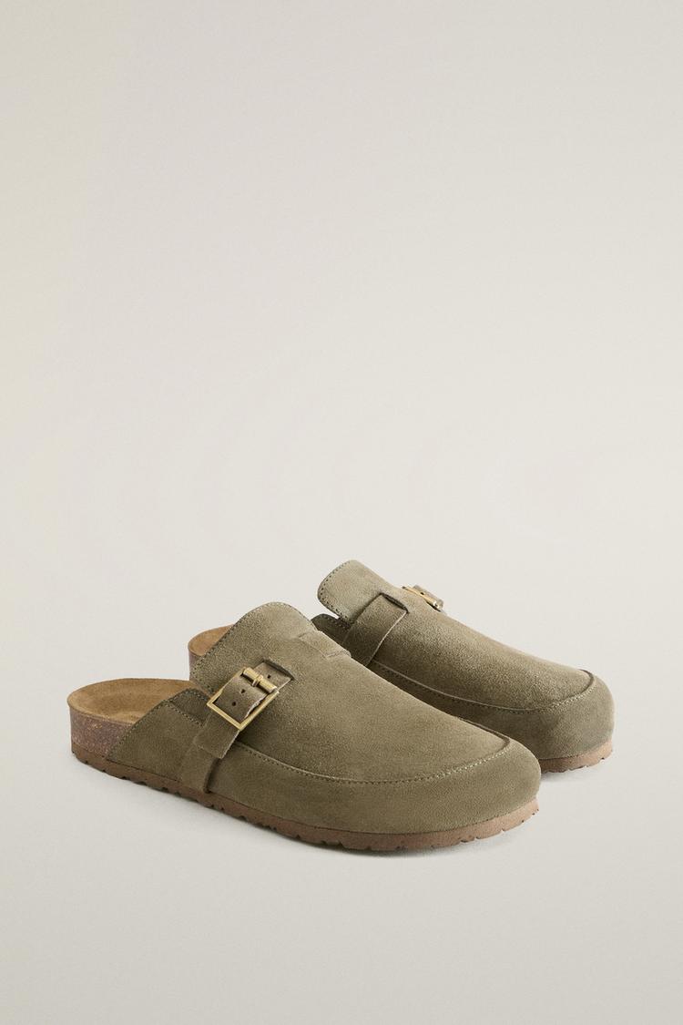 LEATHER MULE CLOG SLIPPERS WITH BUCKLE — Khaki Green