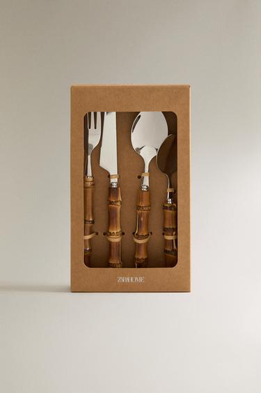 4-PIECE CUTLERY SET WITH BAMBOO HANDLE - Brown by Zara - Image 3