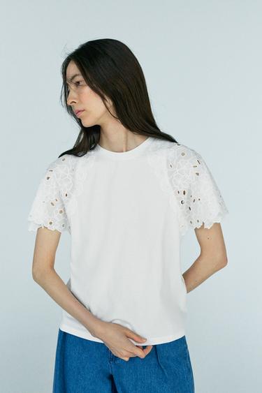 刺繍スリーブＴシャツホワイト0Zaraの刺繍スリーブＴシャツ - ホワイト - 画像 0