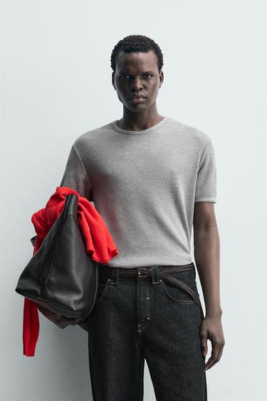 WAFFLE-KNIT TEXTURED T-SHIRT - Grey marl by Zara