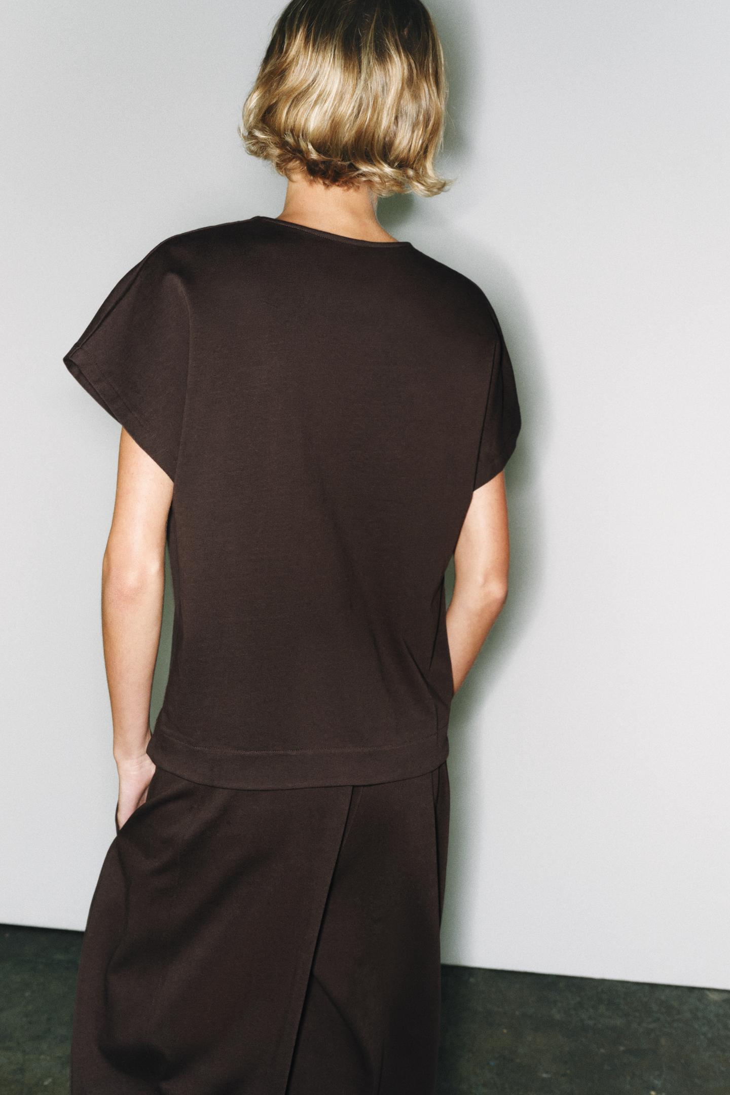 Женская футболка Zara V-NECK, цвет: Коричневый — фото 3