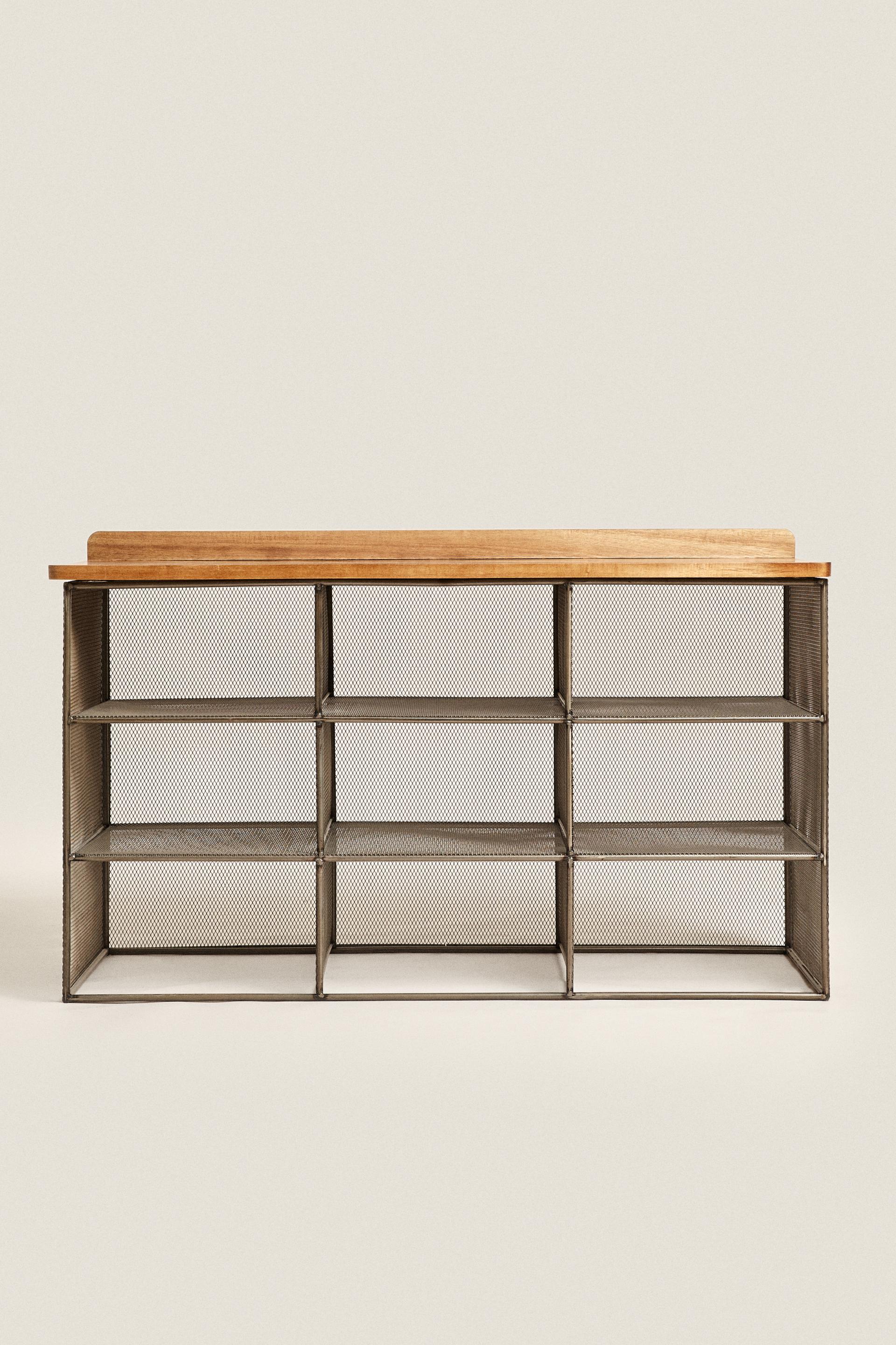 Metal and Wood Bench with Storage and Shoe Rack