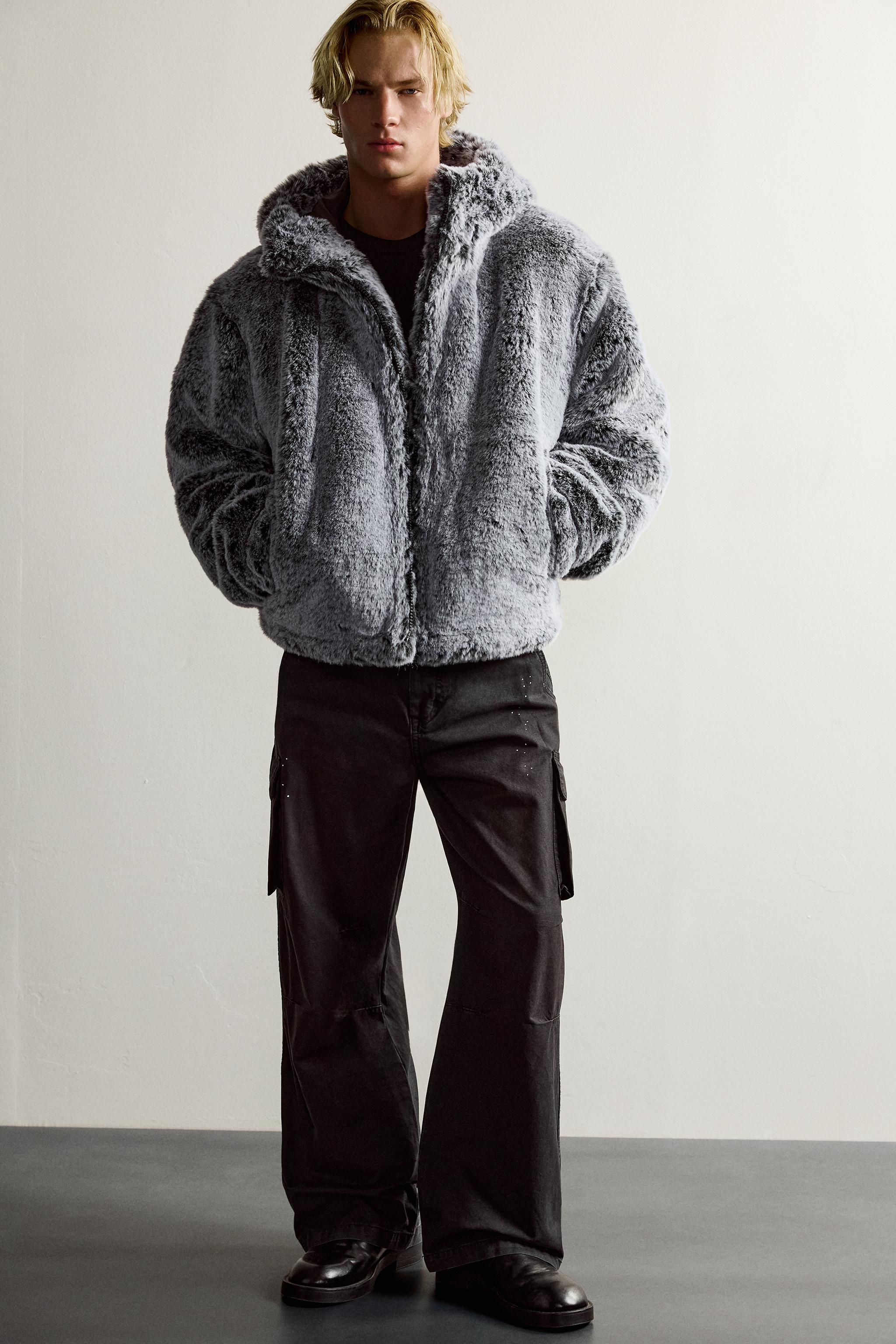 BLOUSON CROPPED FIT EFFET FOURRURE CAPUCHE
