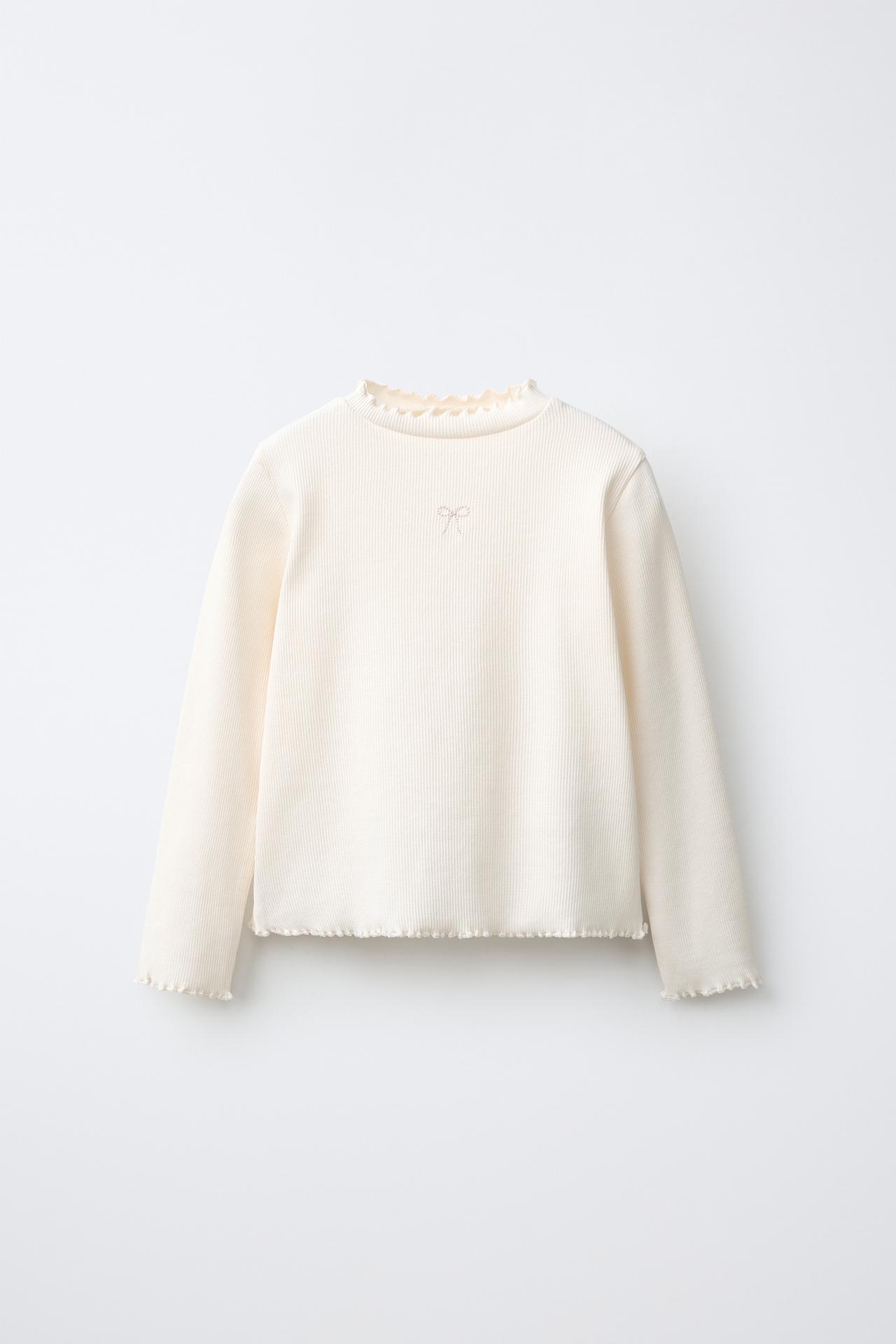 EMBROIDERED RIBBED T-SHIRT — Ecru