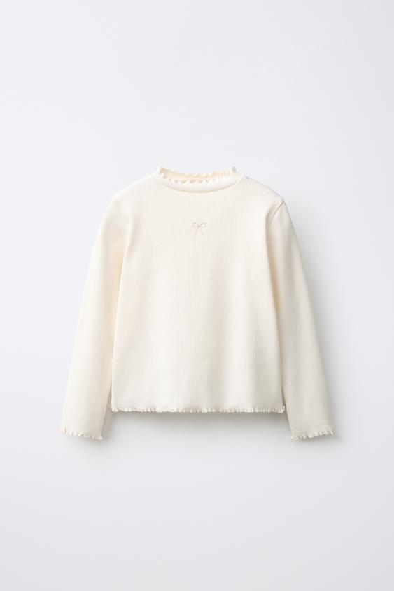EMBROIDERED RIBBED TOP - Ecru by Zara - Image 0