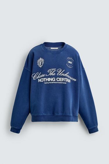 SUDADERA BOXY FIT TEXTOS ESTAMPADOS - Marino de Zara