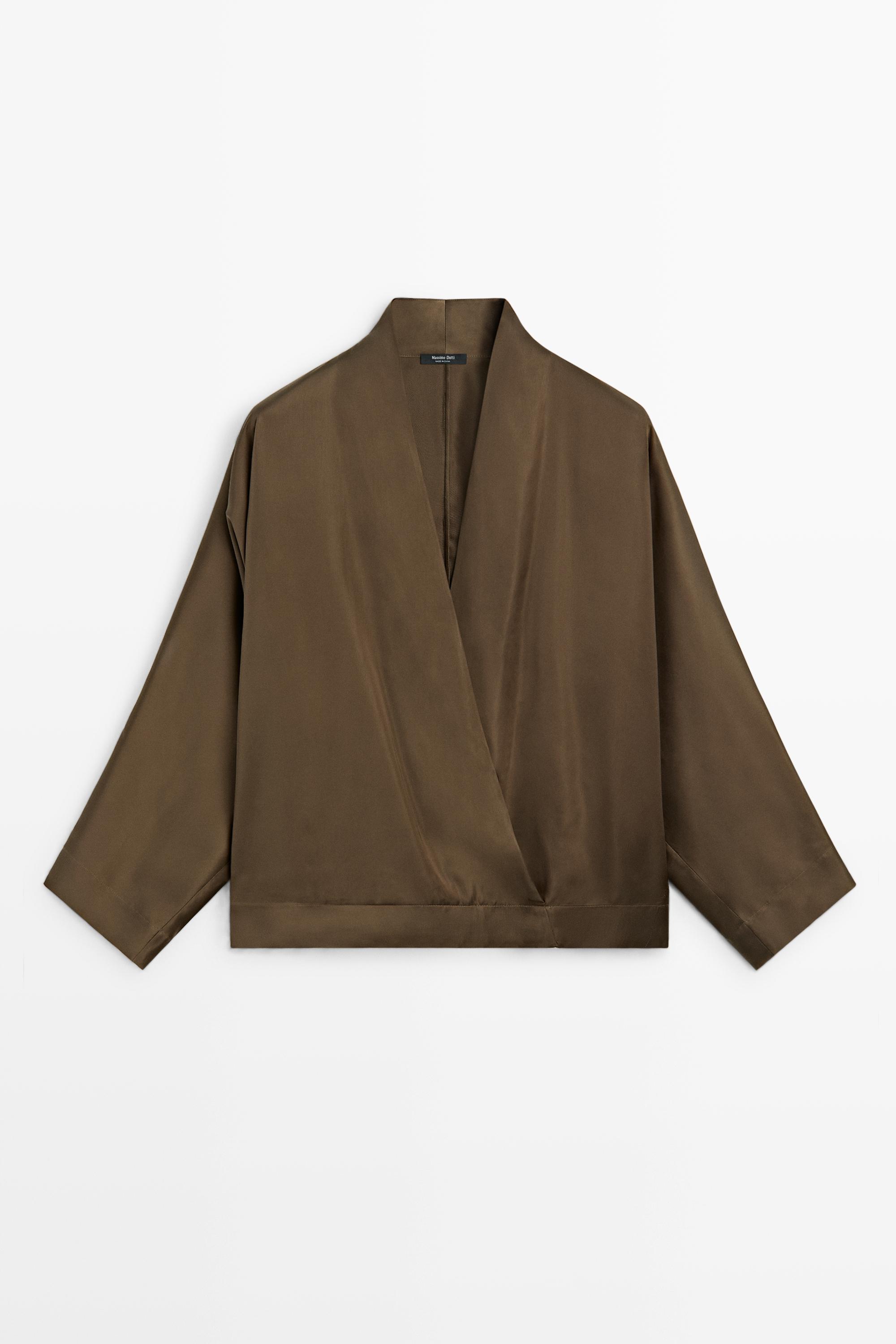 Satin wrap blouse with batwing sleeves