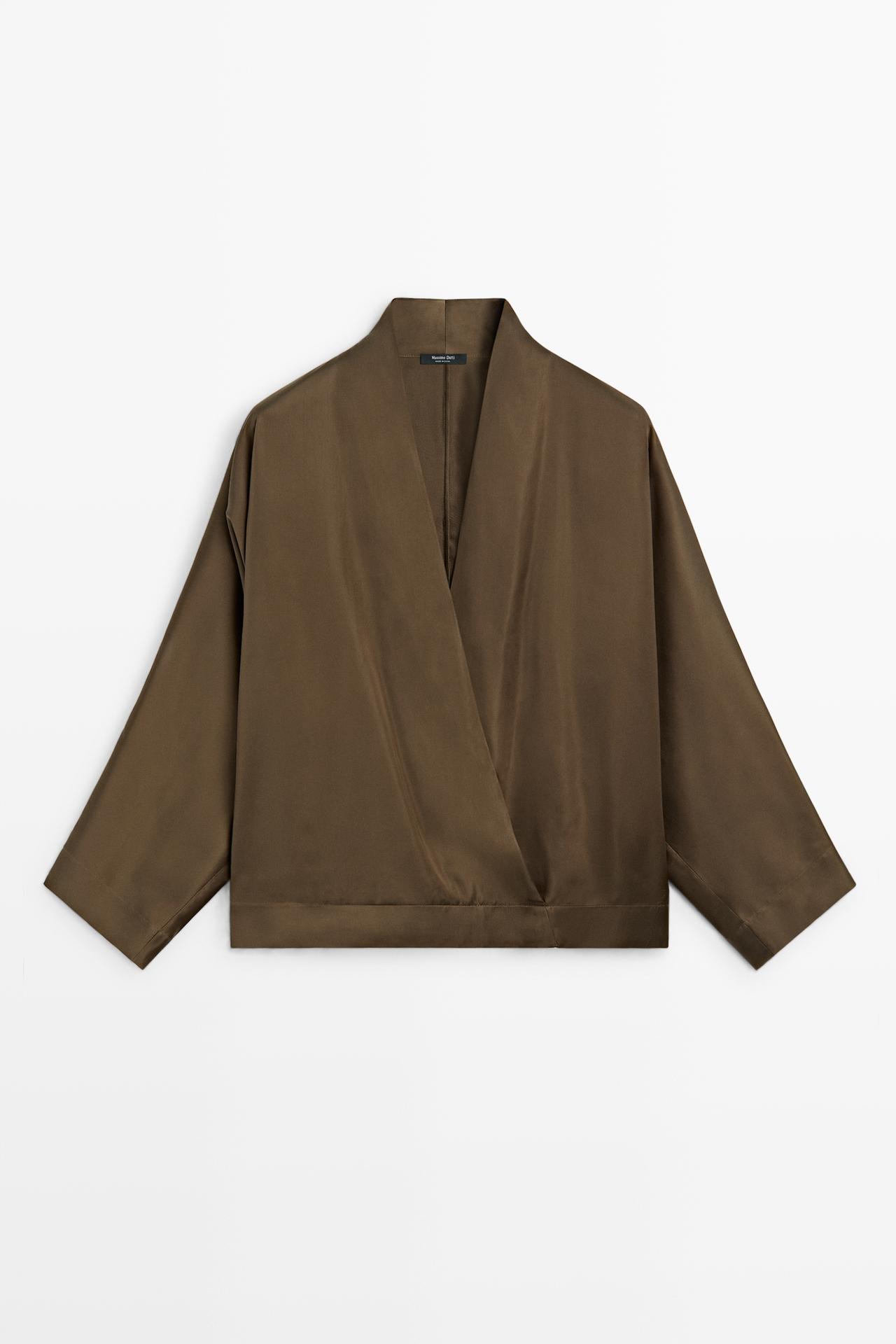 Satin wrap blouse with batwing sleeves — Maroon Grey