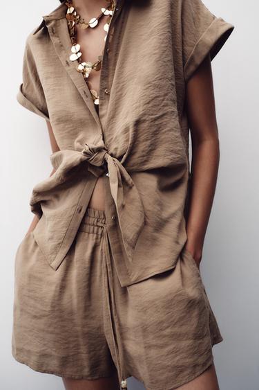 Zara BEADED DRAWSTRING SHORTS - Brown / Taupe