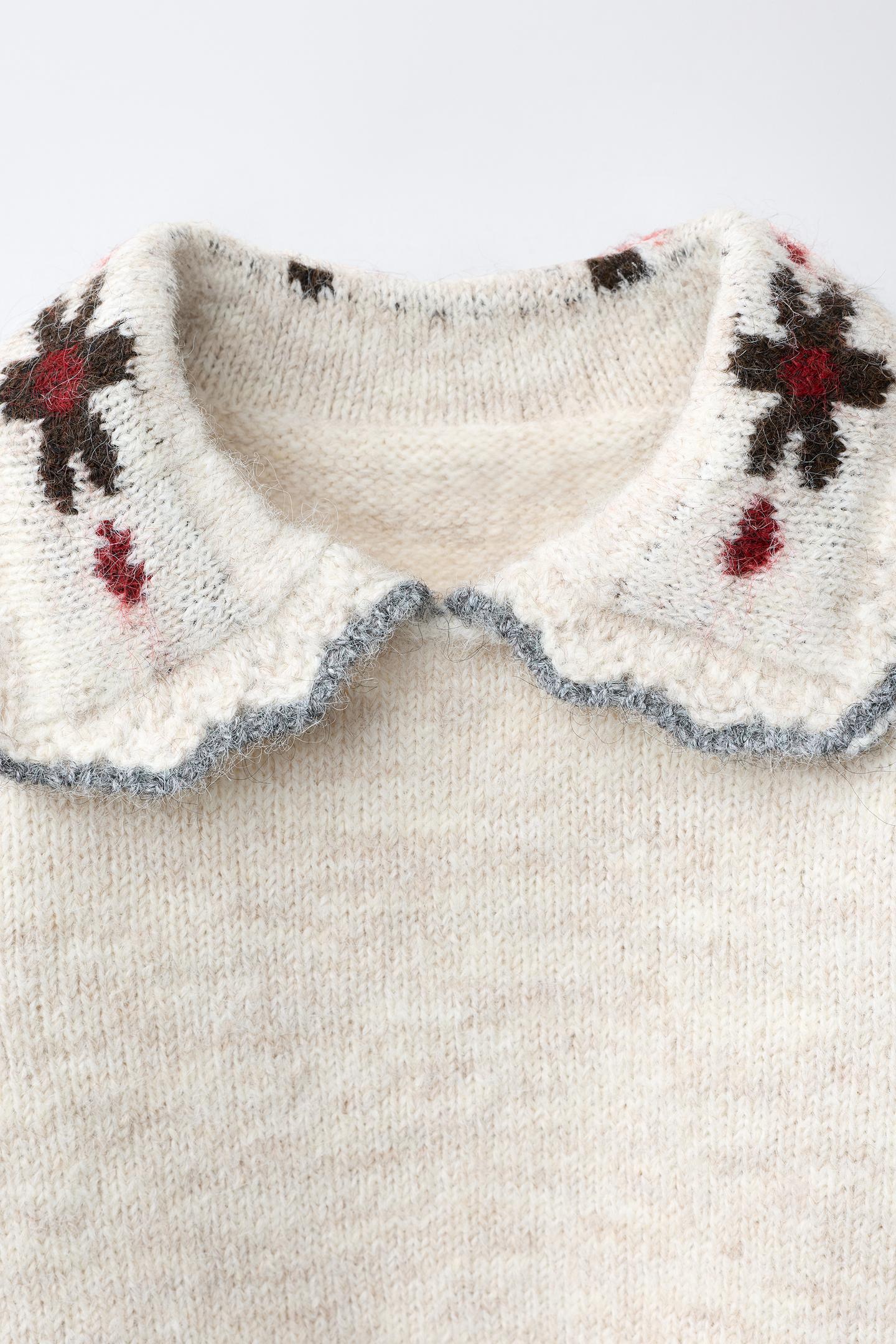 Детский свитер Zara Embroidered Peter Pan Collar Jumper, цвет: Экрю / Меланжевый — фото 4