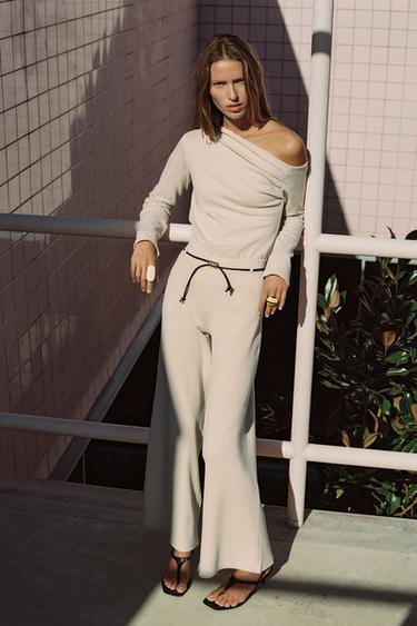 Zara PIQUE BELTED PANTS - Ecru