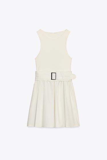 Zara 斜紋布撞色腰帶洋裝 - 裸色