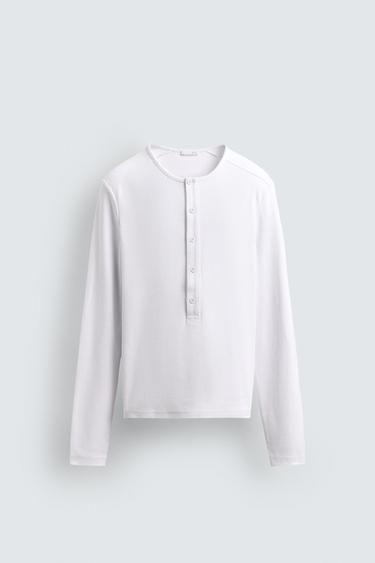 Zara RIBBED BUTTON-FRONT T-SHIRT - White