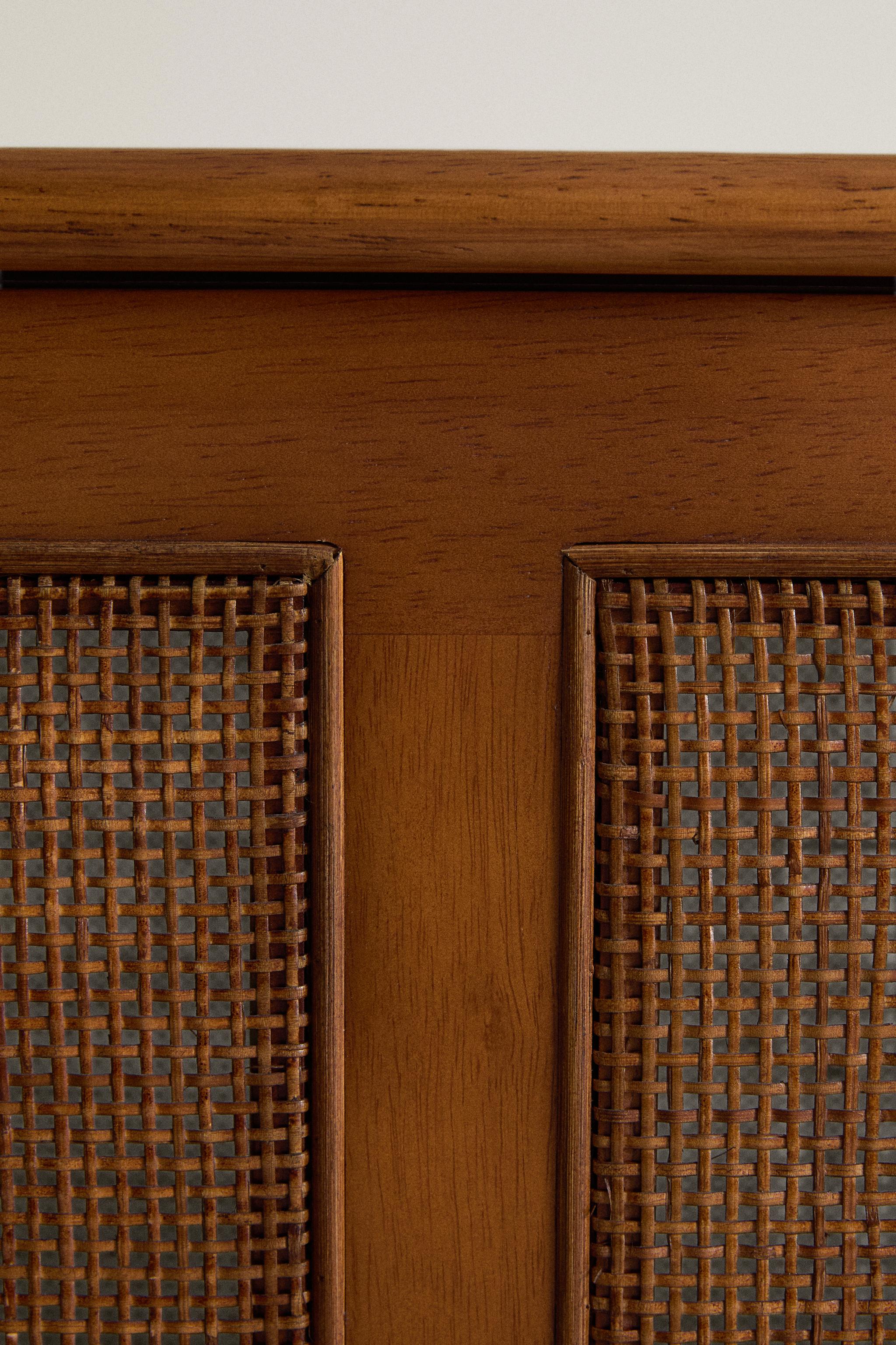 WOOD AND RATTAN BENCH