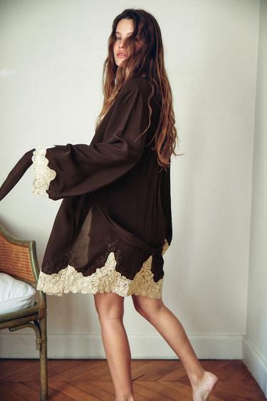 Zara 100% VISCOSE EMBROIDERED LACE ROBE - Dark brown