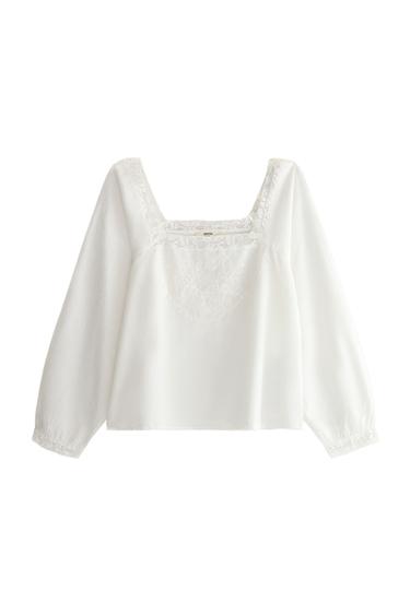 Zara Lace embroidered long sleeve top - 磨白色