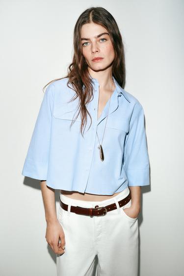 SHORT SHIRT WITH STRIPED FLAPS - White / Sky blue by Zara