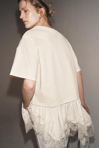 Zara COMBINATION LACE T-SHIRT - Ecru