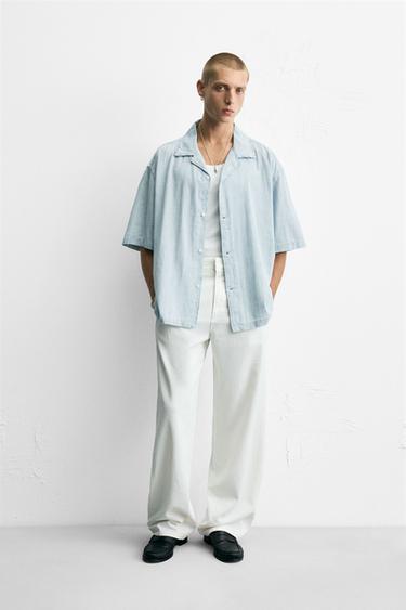STRIPED JACQUARD WASHED SHIRT - Light blue by Zara