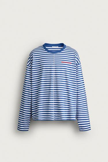 Zara STRIPED JACQUARD EMBROIDERED T-SHIRT - Blue / White