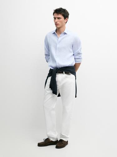 Zara 100% linen regular fit striped shirt - Light blue - Image 0