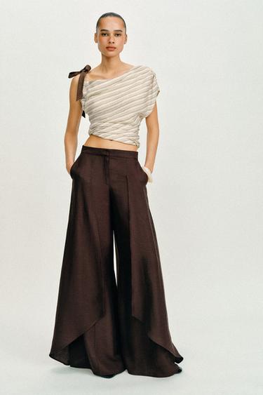 Zara ŠIROKE LANENE PANTALONE – Smeđa