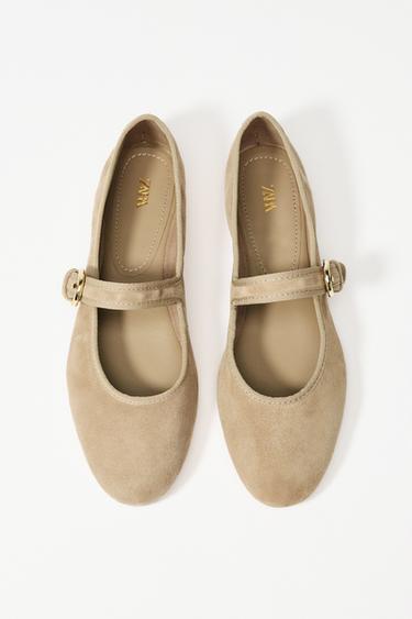Zara SUEDE STRAP BALLET FLATS - Sandy Brown