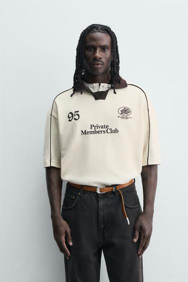 Zara RETRO NOGOMETNA POLO MAJICA S KOMBINIRANIM VEZOM – prljavo bijela