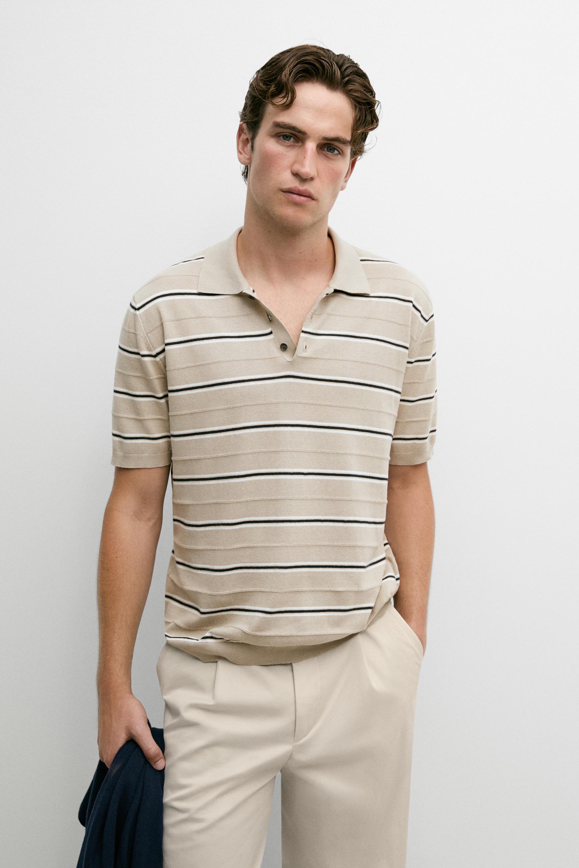 100% Cotton Striped Knit Polo Shirt — Stone