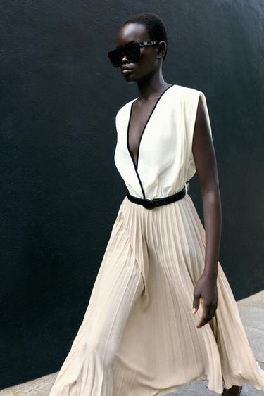 Zara CONTRAST PLEATED MIDI DRESS - Beige
