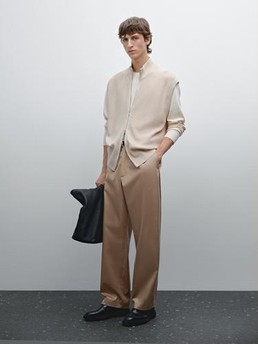 Zara Cotton knit vest with zip - Beige marl - Image 0