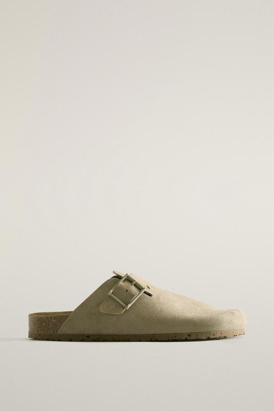 LEATHER CLOGS WITH BUCKLE AND TOPSTITCHING DETAIL - Green by Zara - Image 0