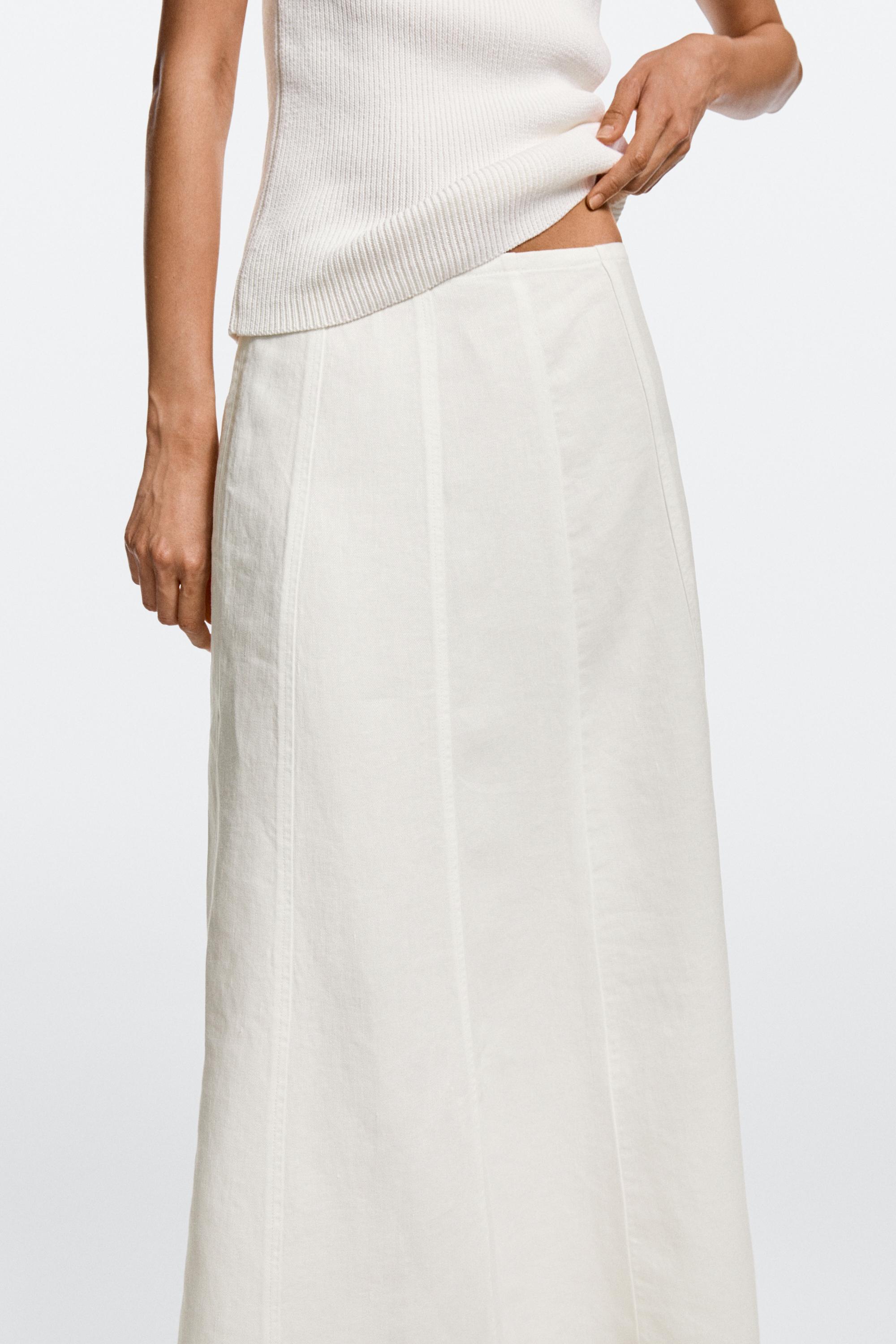 100% linen denim-effect midi skirt