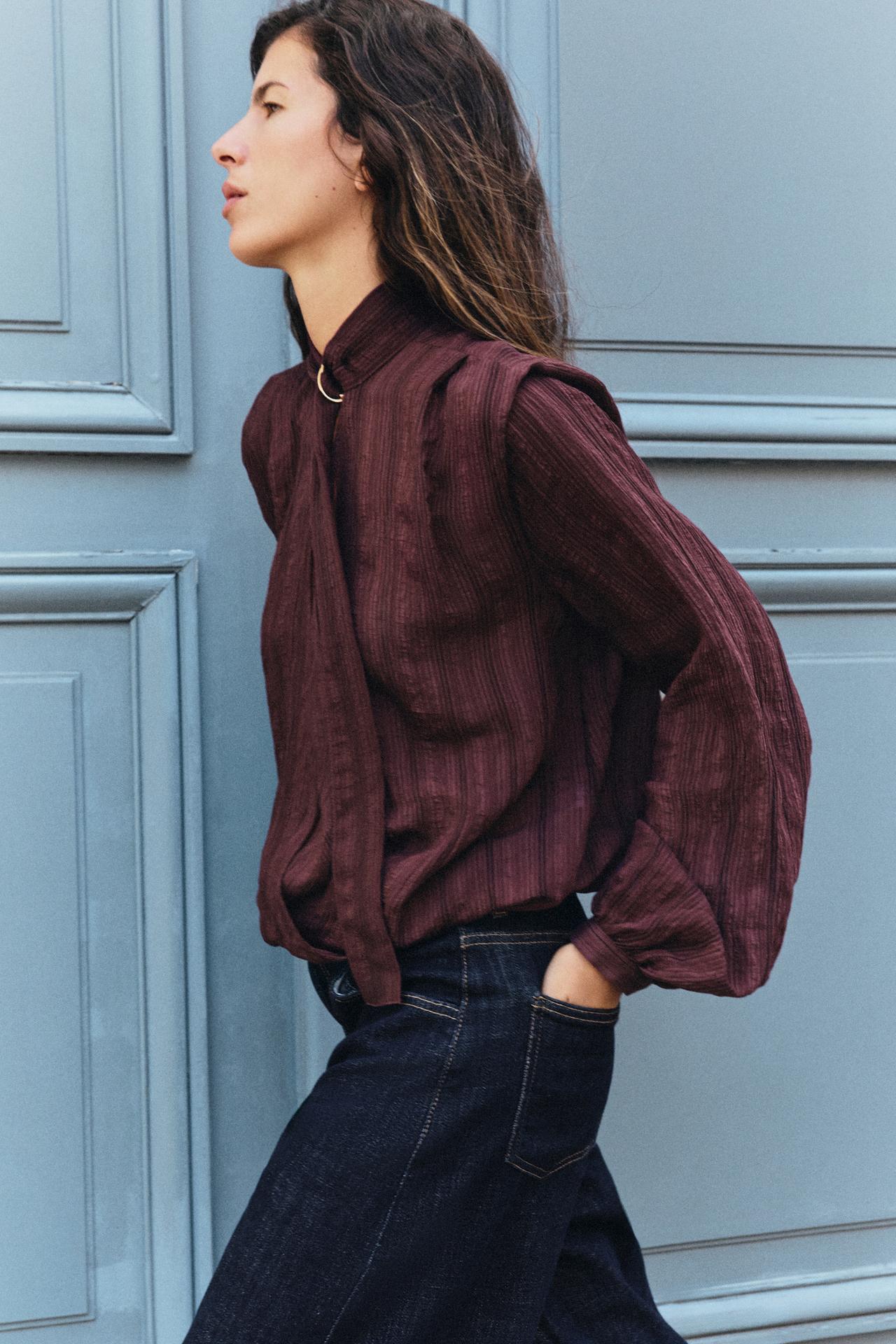 STRIPED WRAP BLOUSE — Burgundy