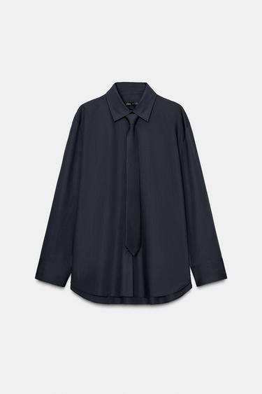 ZW COLLECTION POPLIN SHIRT WITH TIE - Navy blue by Zara - Image 4