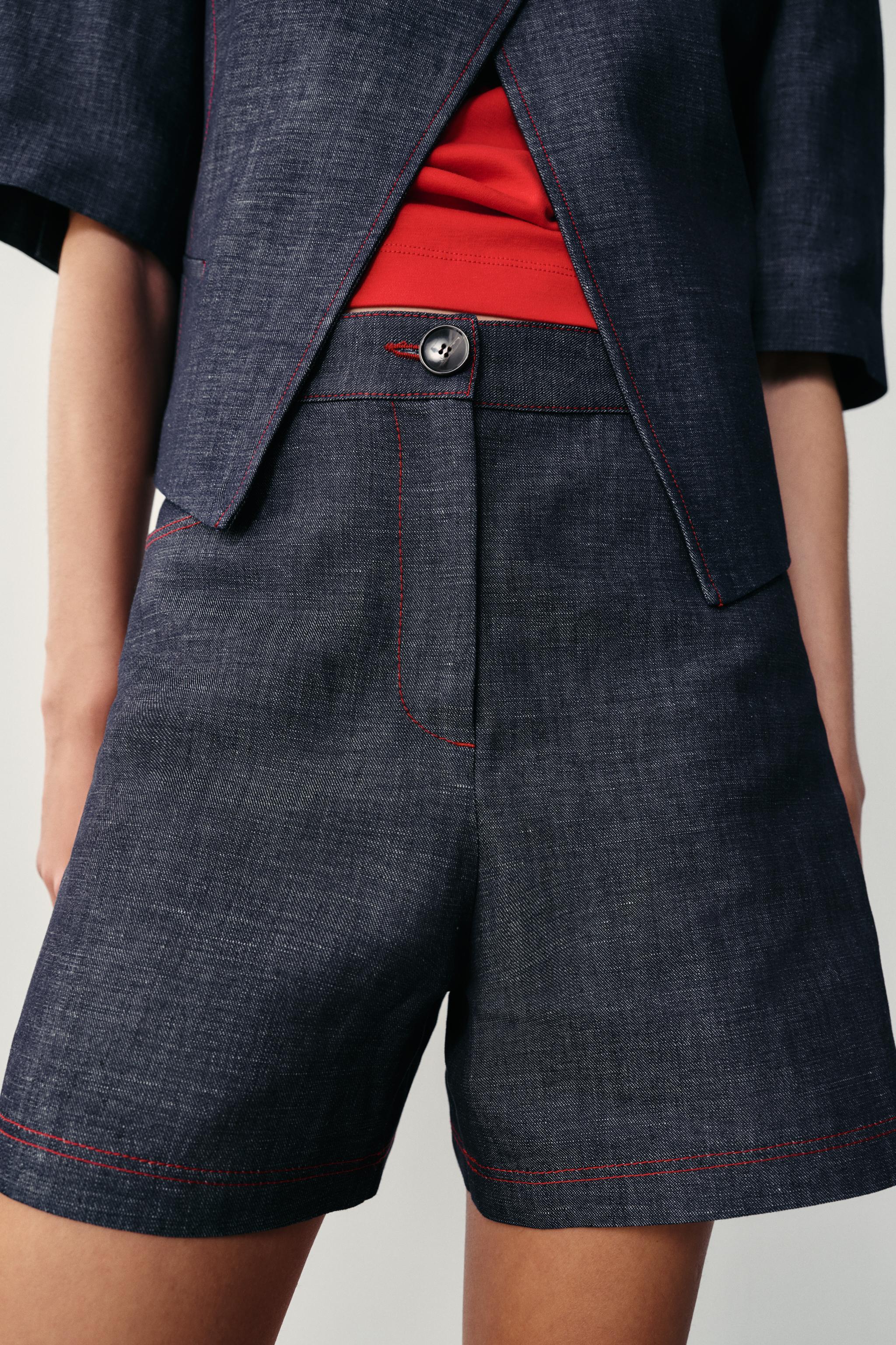 CONTRAST TOPSTITCHING LINEN SHORTS