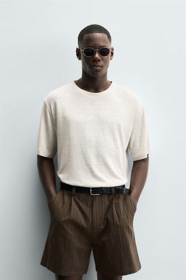 Zara HEMP-VISCOSE STRIPED T-SHIRT - Ecru / Beige