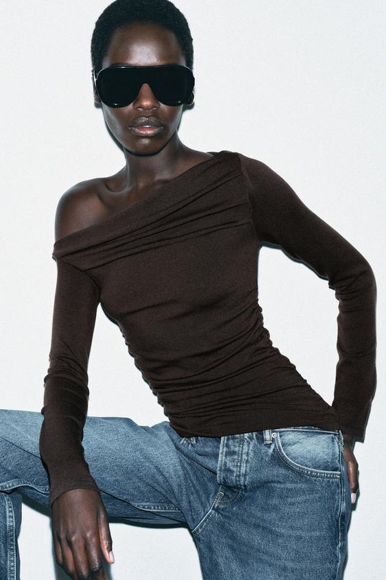 ASYMMETRIC DRAPED TOP - Dark brown by Zara - Image 0