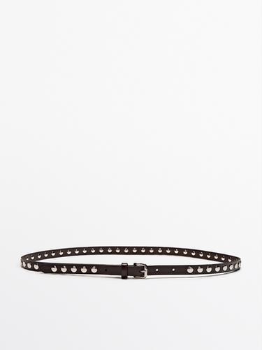 Zara Thin nappa leather belt with studs - Brown - Image 0