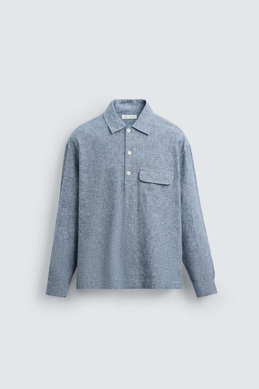 LINEN/COTTON POLO SHIRT - Blue by Zara